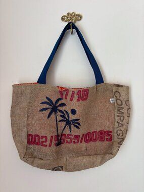 Upcycled Burlap Jute Tote Bag 15 X 12 X 5.5 Coffee Sack Palm Trees
